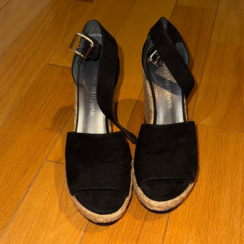 Stuart Weitzman Black Suede Espadrille Wedge Sandals